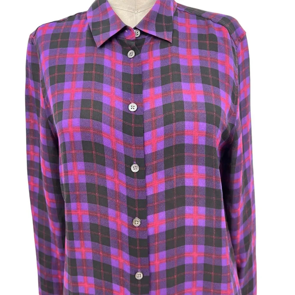 Equipment Purple Black Red‎ Plaid Check Collared Button Down Silk Blouse Small - Picture 3 of 11